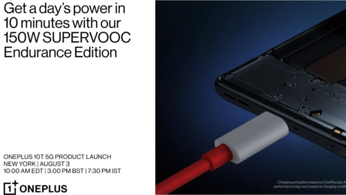 The OnePlus 10T 150W SuperVOOC Endurance Edition charger will be supported only in certain countries.